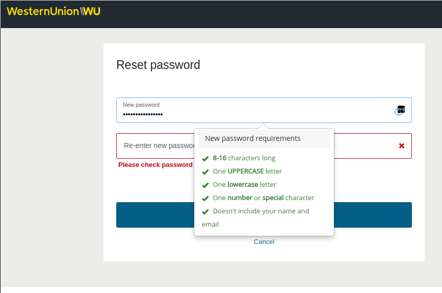 Western Union password field